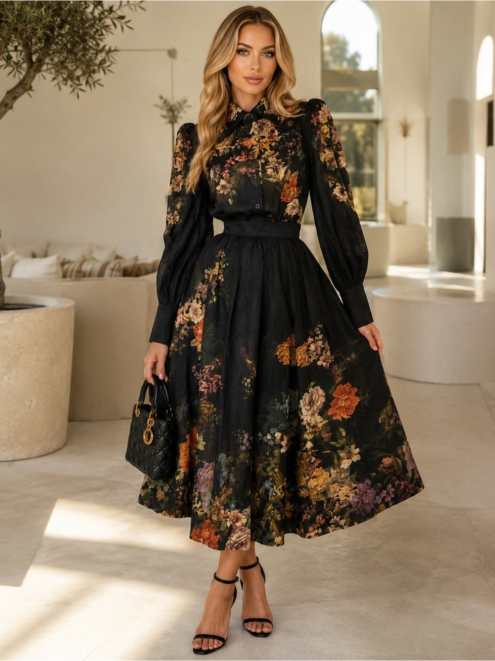 ZIMMERMANN BLACK PAVILLION SET TIE NECK BLOUSE | GATHERED MIDI SKIRT MULTIFLORAL